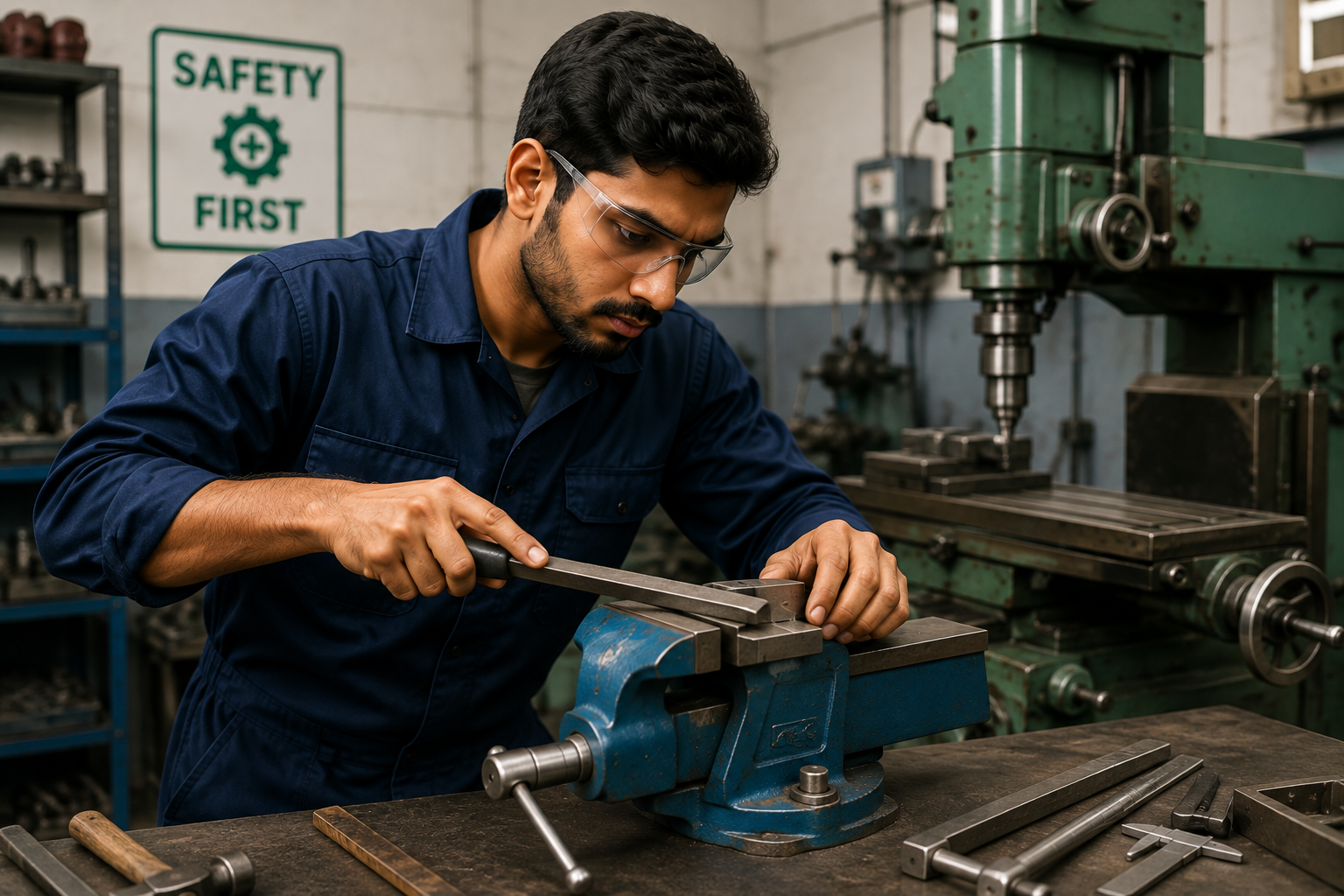Students learning Fitter trade practical work at Bharat ITC
